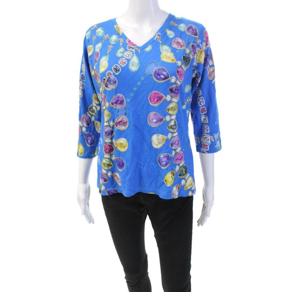 Pashma Womens Round Neck Long Sleeve Graphic Print T-Shirt Blue Size XL